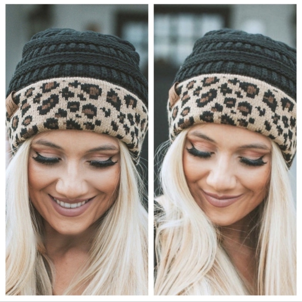 LAST ONE! 🥳HOST PICK🥳 NWT C.C. Black and Leopard Print Knit Beanie - Picture 3 of 16